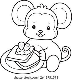 Outline of Cute Monkey icon. COloring pages of Funny baby Monkey animal series stock illustration. outline of monkey bring a strawberry bread