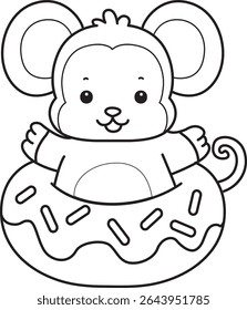 Outline of Cute Monkey icon. COloring pages of Funny baby Monkey animal series stock illustration. outline of monkey stuck in the doughnut