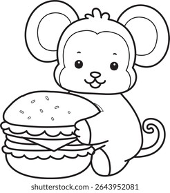 Outline of Cute Monkey icon. COloring pages of Funny baby Monkey animal series stock illustration. outline of monkey bring a big burger