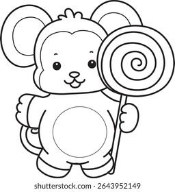 Outline of Cute Monkey icon. COloring pages of Funny baby Monkey animal series stock illustration. outline of monkey bring a lollipop
