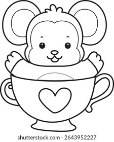 Outline of Cute Monkey icon. COloring pages of Funny baby Monkey animal series stock illustration. outline of monkey stuck in the tea cup