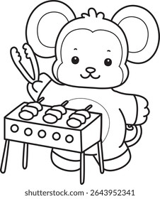 Outline of Cute Monkey icon. COloring pages of Funny baby Monkey animal series stock illustration. outline of monkey grilled the barbecue