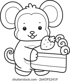 Outline of Cute Monkey icon. COloring pages of Funny baby Monkey animal series stock illustration. outline of monkey bring a strawberry cake 