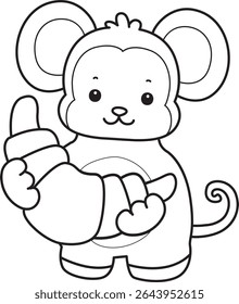Outline of Cute Monkey icon. COloring pages of Funny baby Monkey animal series stock illustration.outline of monkey bring a bread