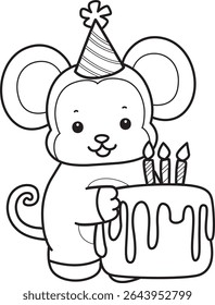 Outline of Cute Monkey icon. COloring pages of Funny baby Monkey animal series stock illustration. outline of monkey bring a birthday cake