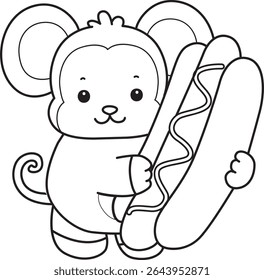 Outline of Cute Monkey icon. COloring pages of Funny baby Monkey animal series stock illustration. outline of monkey bring a hot dog