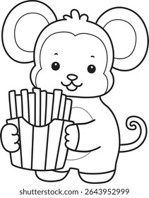 Outline of Cute Monkey icon. COloring pages of Funny baby Monkey animal series stock illustration. outline of monkey bring a french fries