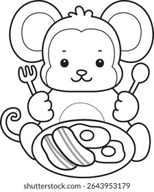Outline of Cute Monkey icon. COloring pages of Funny baby Monkey animal series stock illustration. outline of monkey want to eating bacon and eggs