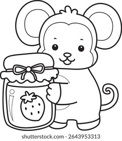 Outline of Cute Monkey icon. COloring pages of Funny baby Monkey animal series stock illustration. outline of monkey bring a strawberry jam