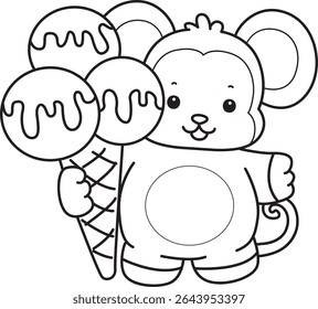 Outline of Cute Monkey icon. COloring pages of Funny baby Monkey animal series stock illustration. outline of monkey bring a three scoop of ice cream
