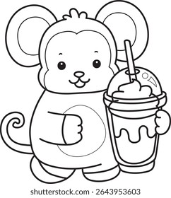 Outline of Cute Monkey icon. COloring pages of Funny baby Monkey animal series stock illustration. outline of monkey bring a strawberry milkshake
