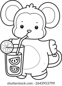 Outline of Cute Monkey icon. COloring pages of Funny baby Monkey animal series stock illustration. outline of monkey drinking an orange juice