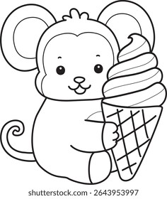 Outline of Cute Monkey icon. COloring pages of Funny baby Monkey animal series stock illustration. outline of monkey bring an ice cream 
