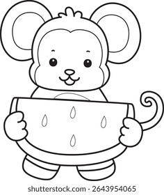 Outline of Cute Monkey icon. COloring pages of Funny baby Monkey animal series stock illustration. outline of monkey bring a watermelon