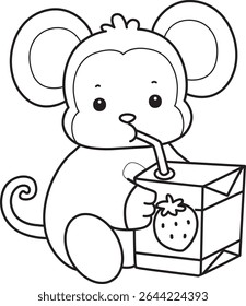 Outline of Cute Monkey icon. COloring pages of Funny baby Monkey animal series stock illustration. outline of monkey drinking a strawberry milk