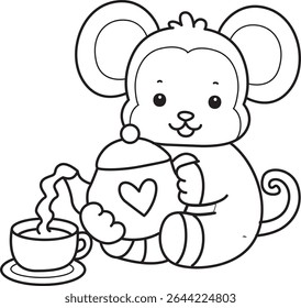 Outline of Cute Monkey icon. COloring pages of Funny baby Monkey animal series stock illustration. outline of monkey pouring a tea from the teapot