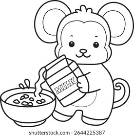 Outline of Cute Monkey icon. COloring pages of Funny baby Monkey animal series stock illustration. outline of monkey pouring a milk into cereal bowl