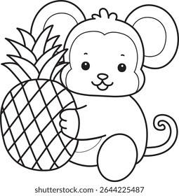 Outline of Cute Monkey icon. COloring pages of Funny baby Monkey animal series stock illustration. outline of monkey bring a pineapple