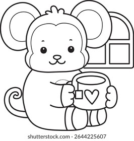 Outline of Cute Monkey icon. COloring pages of Funny baby Monkey animal series stock illustration. outline of monkey drinking a hot tea