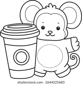 Outline of Cute Monkey icon. COloring pages of Funny baby Monkey animal series stock illustration. outline of monkey bring a coffee