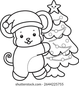 Outline of Cute Monkey icon. COloring pages of Funny baby Monkey animal series stock illustration. outline of monkey bring a Christmas tree