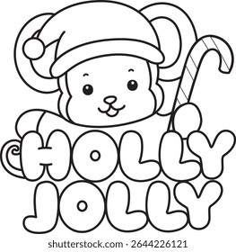 Outline of Cute Monkey icon. COloring pages of Funny baby Monkey animal series stock illustration. outline of monkey bring a holly Jolly text 