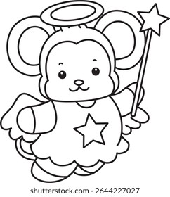 Outline of Cute Monkey icon. COloring pages of Funny baby Monkey animal series stock illustration. outline of monkey wearing a fairy costume in christmas