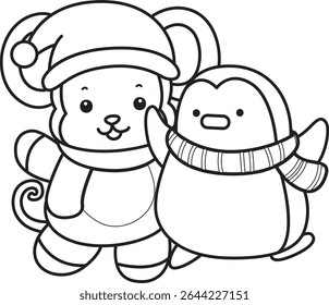 Outline of Cute Monkey icon. COloring pages of Funny baby Monkey animal series stock illustration. outline of monkey with penguin 