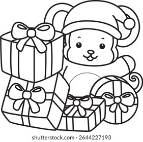 Outline of Cute Monkey icon. COloring pages of Funny baby Monkey animal series stock illustration. outline of monkey with a lot of gifts