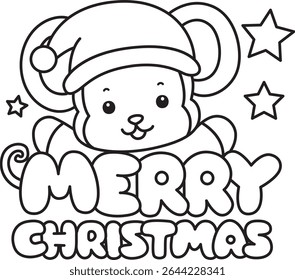 Outline of Cute Monkey icon. COloring pages of Funny baby Monkey animal series stock illustration. outline of monkey with Merry Christmas text
