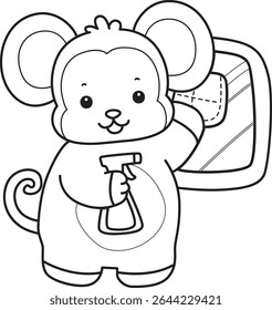 Outline of Cute Monkey icon. COloring pages of Funny baby Monkey animal series stock illustration. outline of monkey cleaning the window with spray and wipe