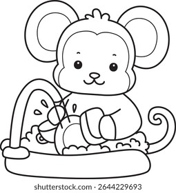 Outline of Cute Monkey icon. COloring pages of Funny baby Monkey animal series stock illustration. outline of monkey cleaning the plate in the sink