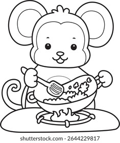 Outline of Cute Monkey icon. COloring pages of Funny baby Monkey animal series stock illustration. outline of monkey cooking the fried rice