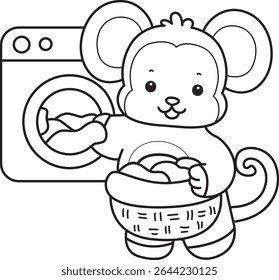 Outline of Cute Monkey icon. COloring pages of Funny baby Monkey animal series stock illustration. outline of monkey cleaning the clothes with washing machine