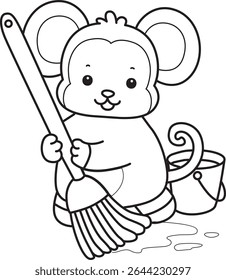 Outline of Cute Monkey icon. COloring pages of Funny baby Monkey animal series stock illustration. outline of monkey cleaning the floor with mop and water