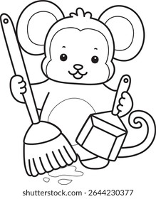 Outline of Cute Monkey icon. COloring pages of Funny baby Monkey animal series stock illustration. outline of monkey cleaning the floor with broom and duster