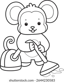 Outline of Cute Monkey icon. COloring pages of Funny baby Monkey animal series stock illustration. outline of monkey cleaning the floor with vacuum cleaner