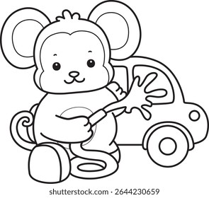 Outline of Cute Monkey icon. COloring pages of Funny baby Monkey animal series stock illustration. outline of monkey washing a car
