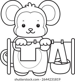 Outline of Cute Monkey icon. COloring pages of Funny baby Monkey animal series stock illustration. outline of monkey dry and clean the clothes