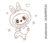 Outline Cute Monster Toy Labubu with Heart. Romantic Cartoon Funny kawaii fantasy character. Line drawing, coloring book. Vector illustration. Kids collection