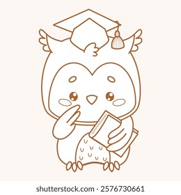 Outline Cute Owl with graduation cap holding book. Wise cartoon kawaii bird graduate character. Line drawing, coloring book. Vector illustration. Kids collection