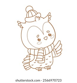 Outline cute owl in winter knitted clothes hat and scarf. Funny cartoon kawaii bird. Line drawing, coloring book. Vector illustration. Kids collection