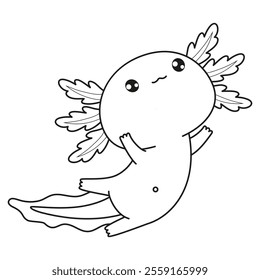 Outline cute playful Axolotl. Little cartoon character. Line drawing, coloring book. Vector illustration. Kids collection