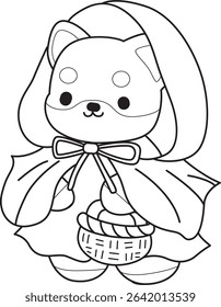 Outline of Cute puppy kawaii dog lovely animal vector icon. Coloring page of Fluffy Shiba Inu. outline of shiba inu like a red riding hood