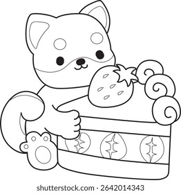 Outline of Cute puppy kawaii dog lovely animal vector icon. Coloring page of Fluffy Shiba Inu. outline of shiba inu bring a slice of strawberry cake