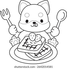 Outline of Cute puppy kawaii dog lovely animal vector icon. Coloring page of Fluffy Shiba Inu. outline of shiba inu bring a strawberry bread
