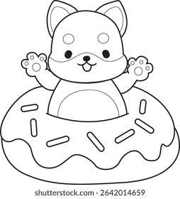 Outline of Cute puppy kawaii dog lovely animal vector icon. Coloring page of Fluffy Shiba Inu. outline of shiba inu stuck in the doughnut