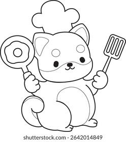 Outline of Cute puppy kawaii dog lovely animal vector icon. Coloring page of Fluffy Shiba Inu. outline of shiba inu want to cooking eggs
