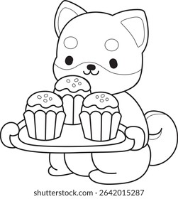 Outline of Cute puppy kawaii dog lovely animal vector icon. Coloring page of Fluffy Shiba Inu. outline of shiba inu bring a three cupcakes 