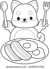 Outline of Cute puppy kawaii dog lovely animal vector icon. Coloring page of Fluffy Shiba Inu. outline of shiba inu want to eating bacon and eggs 